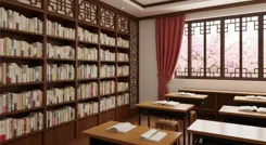A serene classroom with traditional Chinese decor, bookshelves lined with texts on Chinese language and culture, and a window revealing a blossoming garden.